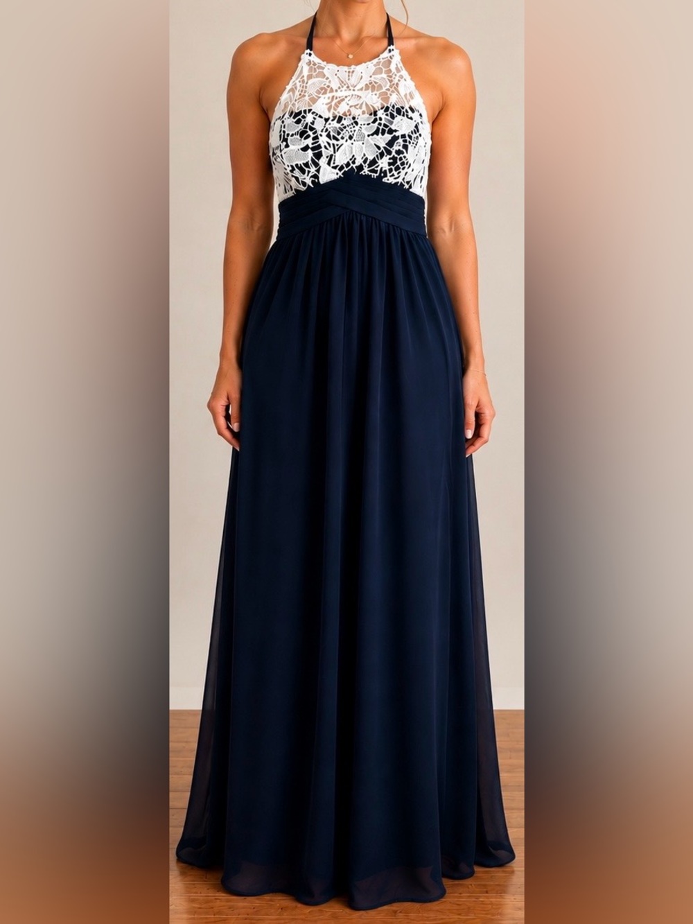 Navy White Lace Halter Chiffon Maxi Dress Formal Prom Bridesmaid Gown